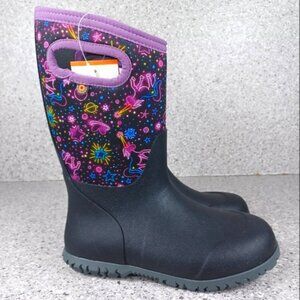 BOGS York Neon Unicorn Kids Black and Purple Rain Boots Shoes